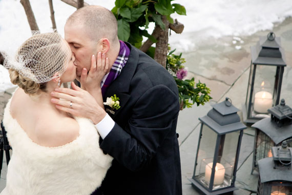 Vermont winter wedding kiss With the musician who played at our first date
